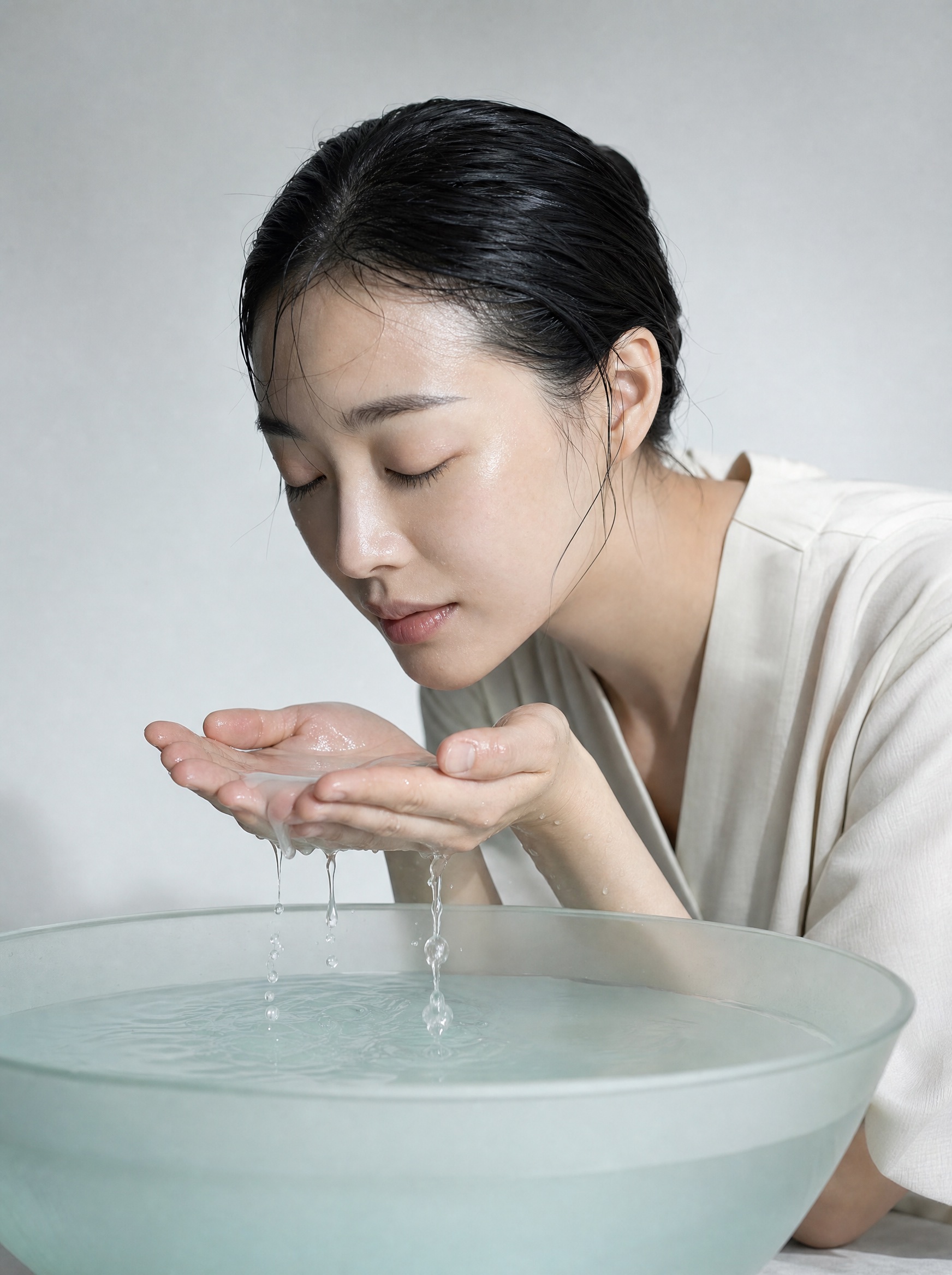 A woman lifting milky water from a frosted basin toward her face